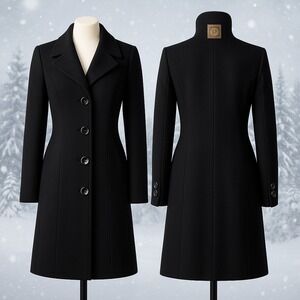 Anne Klein Wool Blend Long Coat Black Button Front Winter Dressy Classic Size 2‎